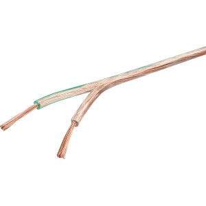 Transparentes Schwaiger Lautsprecherkabel, 2x0,75mm², 10m Länge, mit grüner Kennzeichnung.