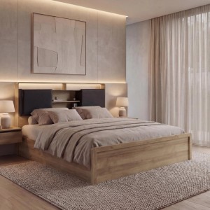 Doppelbett MCW Queen Size mit Lattenrost, 160x200 cm, Rivera-Eiche-Optik und dunklem Kopfteil.