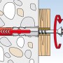 Fischer Duopower Dübel 8x65 mit Schraube im Mauerwerk, Funktionsweise dargestellt.