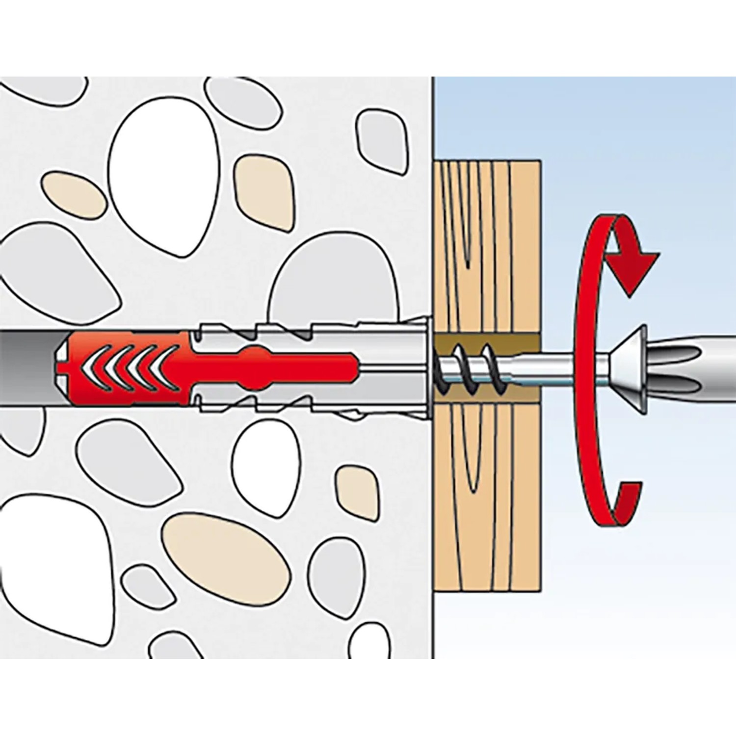 Fischer Duopower Dübel 8x65 mit Schraube im Mauerwerk, Funktionsweise dargestellt.