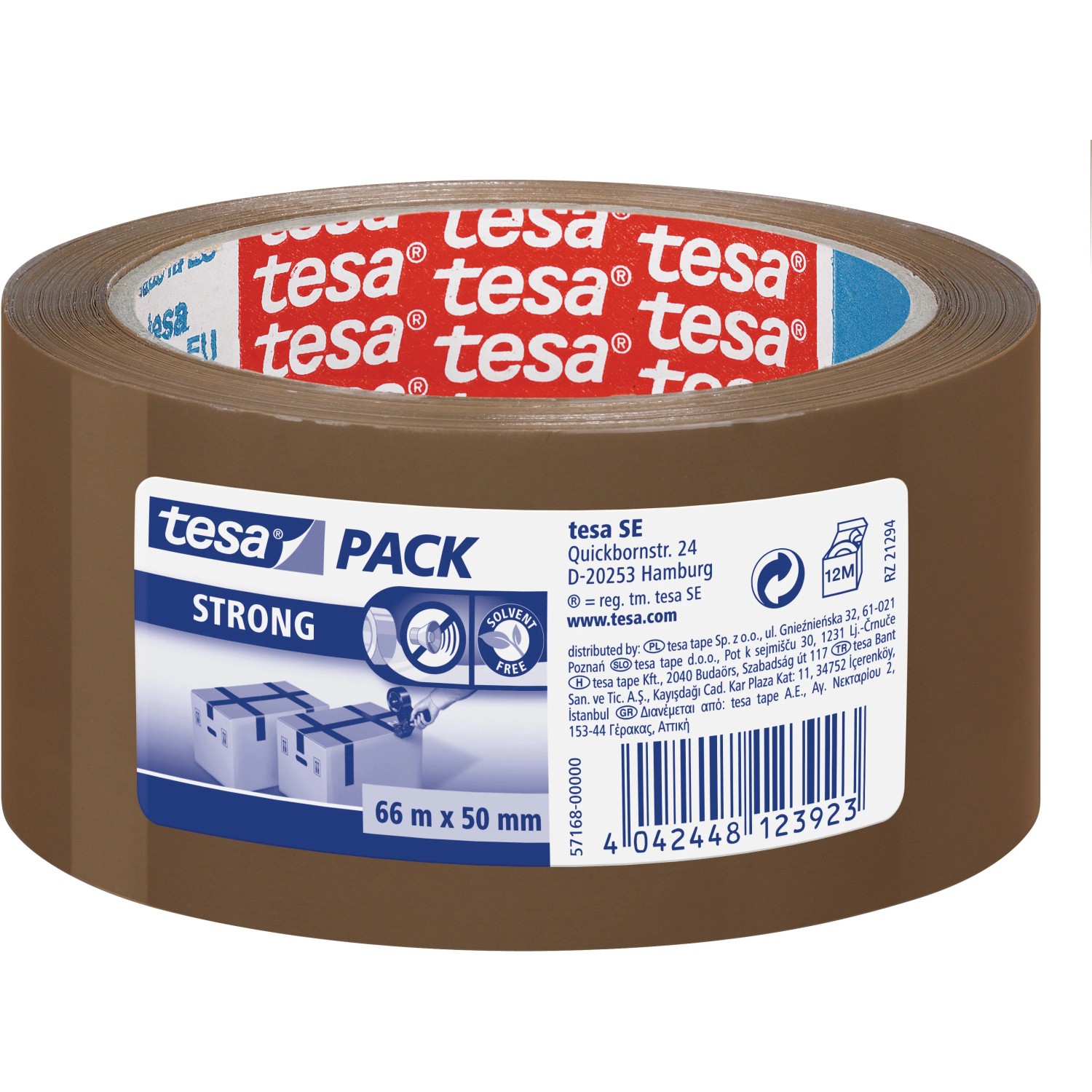 Tesapack Strong Packband, braunes Klebeband 66m x 50mm für leichte Pakete.