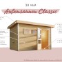 Karibu Saunahaus Magnus 3 Set A terragrau mit Ofen, Ansicht von außen. Holzsauna mit Tür und Fenster.