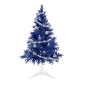 Blauer 60 cm Disney Stitch Tisch-Christbaum mit silbernem Lametta, Deko-Kugeln und LED-Lichterkette auf weißem Ständer.