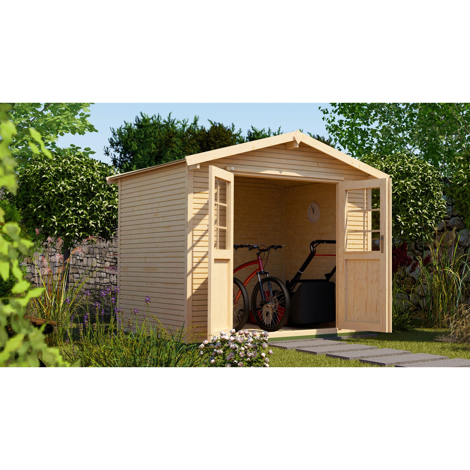 Naturbelassenes weka Gartenhaus 218 aus Holz mit Satteldach und geöffneter Doppeltür, im Garten.