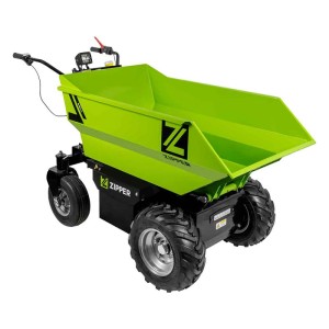 Zipper Elektro-Rad Dumper ZI-ED500 in Grün-Schwarz mit großer Kippmulde, ideal für Baumaschinen und Schüttguttransport.