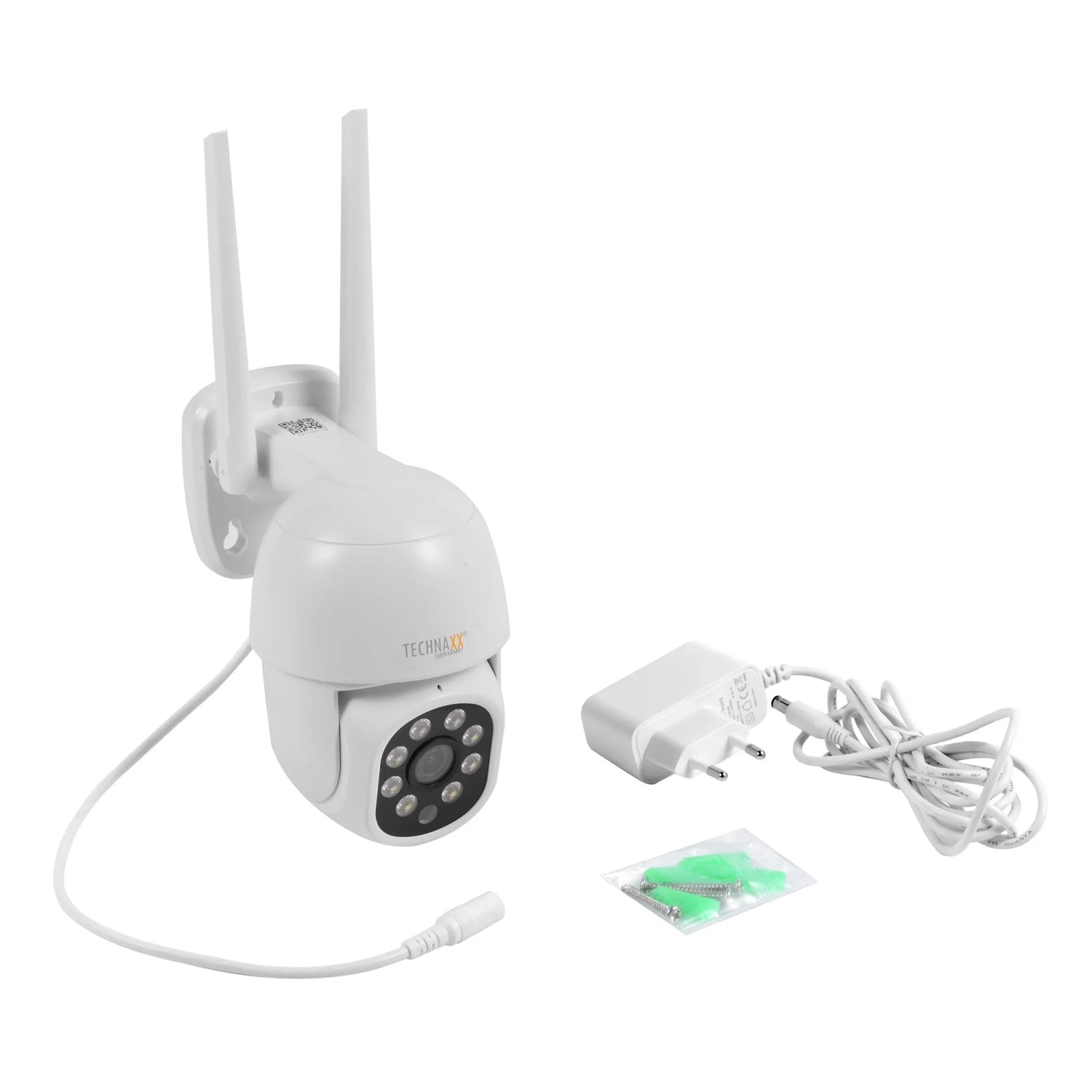 Weiße Technaxx Mini PT Outdoor-Kamera TX-390 mit zwei Antennen, Netzteil und Montagematerial für Videoüberwachung.