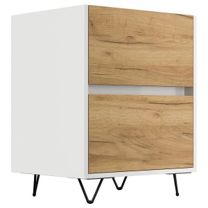 Posseik Nachttisch Industrial A, weiß/Eiche, 2 Schubladen, Metallfüße, 50 cm breit.