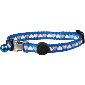 Blaues Trixie Katzenhalsband aus Nylon mit Herzmuster und Schelle.
