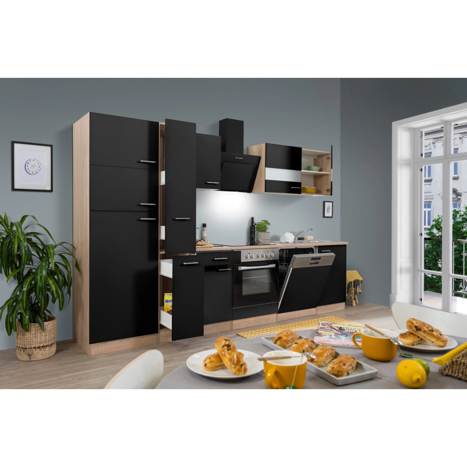 Moderne Respekta Küchenzeile in Schwarz und Eiche Sägerau Optik mit E-Geräten und viel Stauraum.