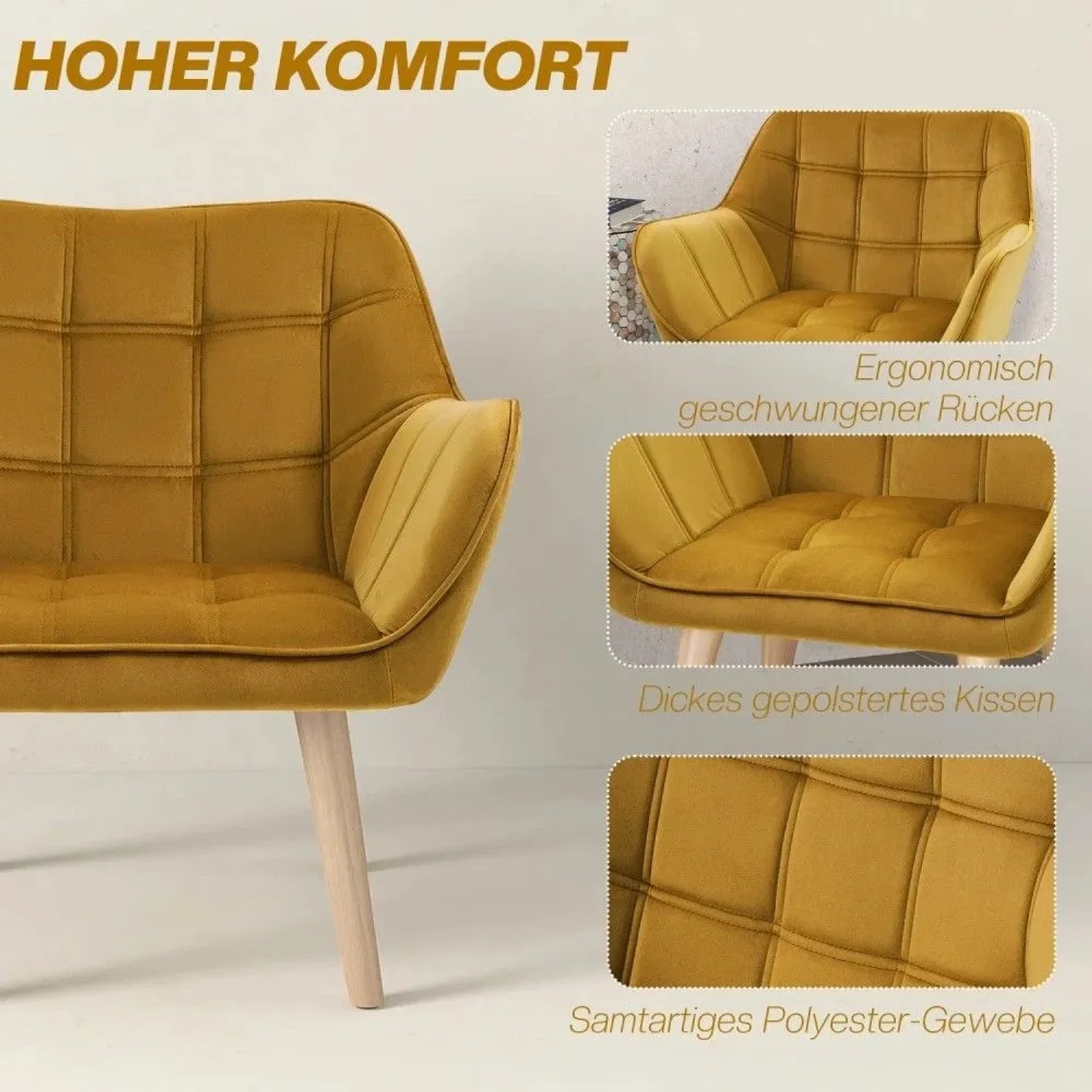 Gelber HOMCOM Loungesessel im Skandi-Design mit Samt-Polsterung, gesteppter Rückenlehne und Holzbeinen.