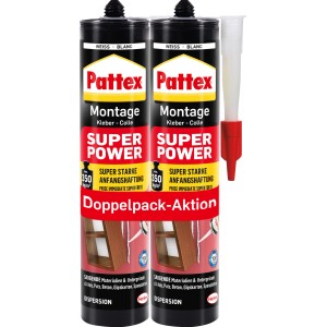 Pattex Montage Kleber Superpower Doppelpack, weiß, 2x 370g Kartuschen mit Düse.