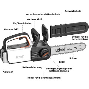 Litheli Akku-Kettensäge mit Akkus, Details zu Schwert, Kette, Griff und Akku-Fach.