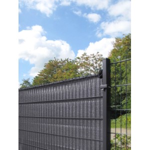 Anthrazit Sichtschutzblende mit grober Struktur aus HDPE, 80x500cm, am Zaun befestigt.
