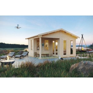 Unbehandeltes Skan Holz Gartenhaus Utrecht (460x380cm) mit überdachtem Eingangsbereich in naturbelassener Optik.