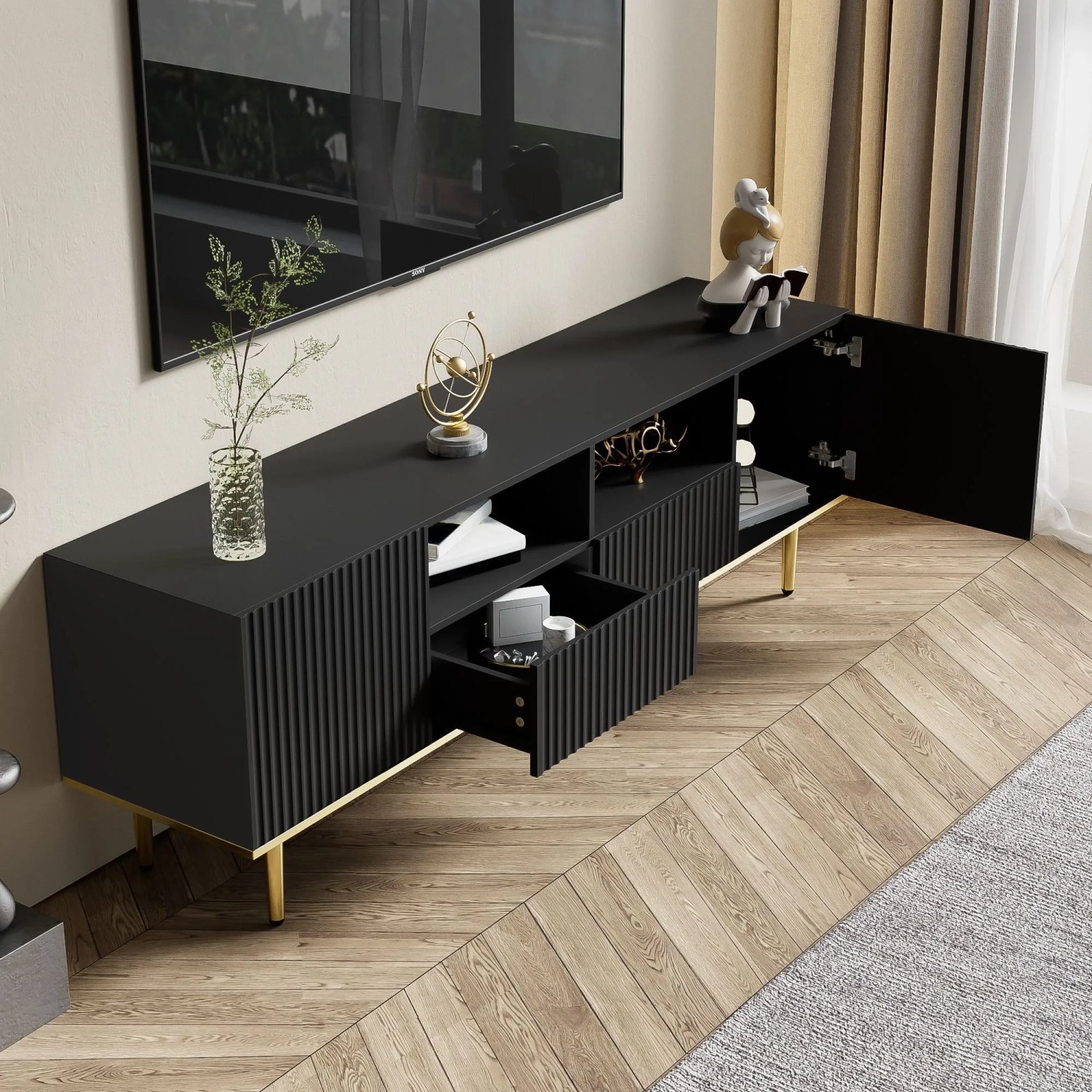 okwish TV Schrank mit Gold Füßen und Gold Rand für Wohnzimmer 165x36x55cm Schwarz_4