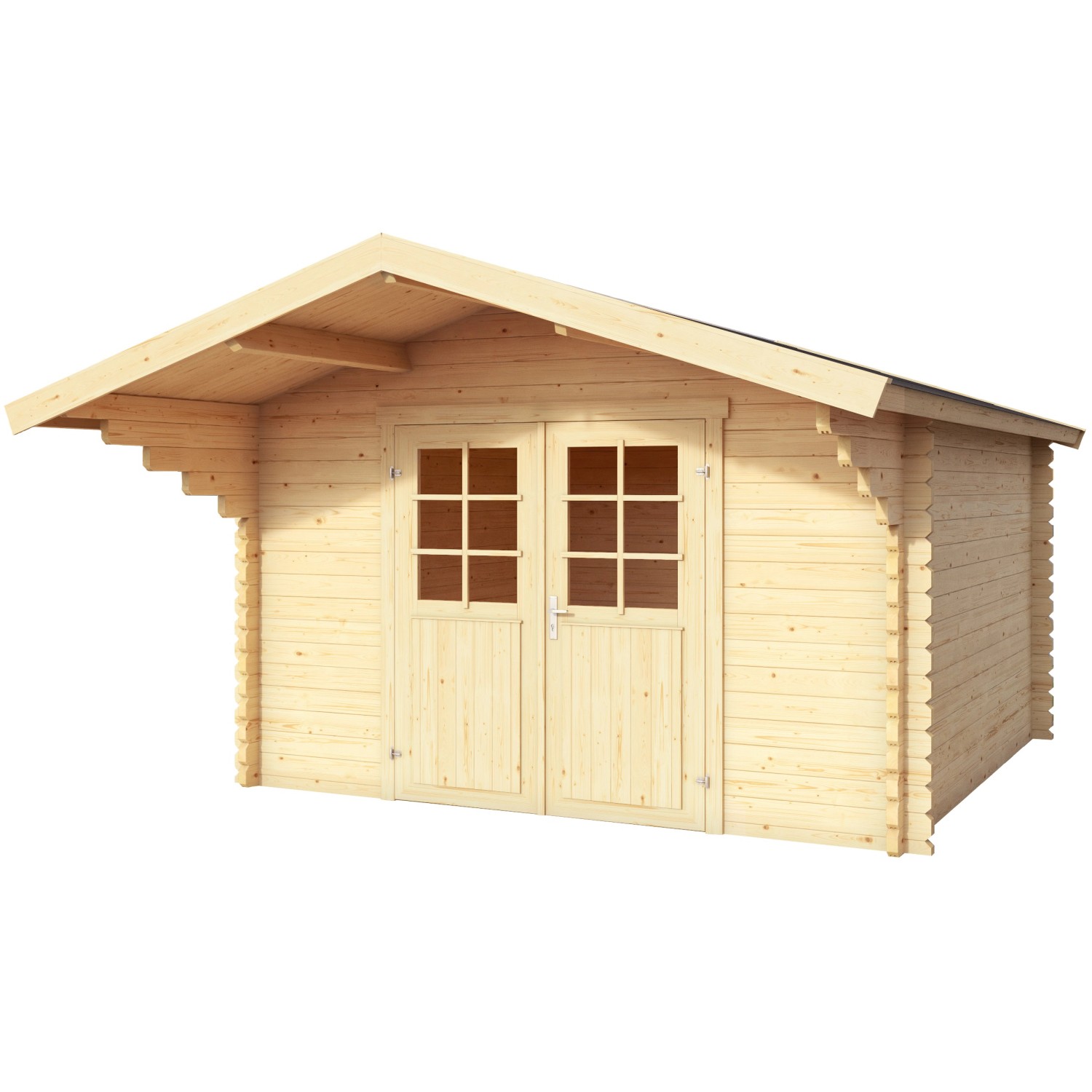 Lasita Holz-Gartenhaus Viljandi 34, naturbelassen mit Anbaudach und Doppeltür.