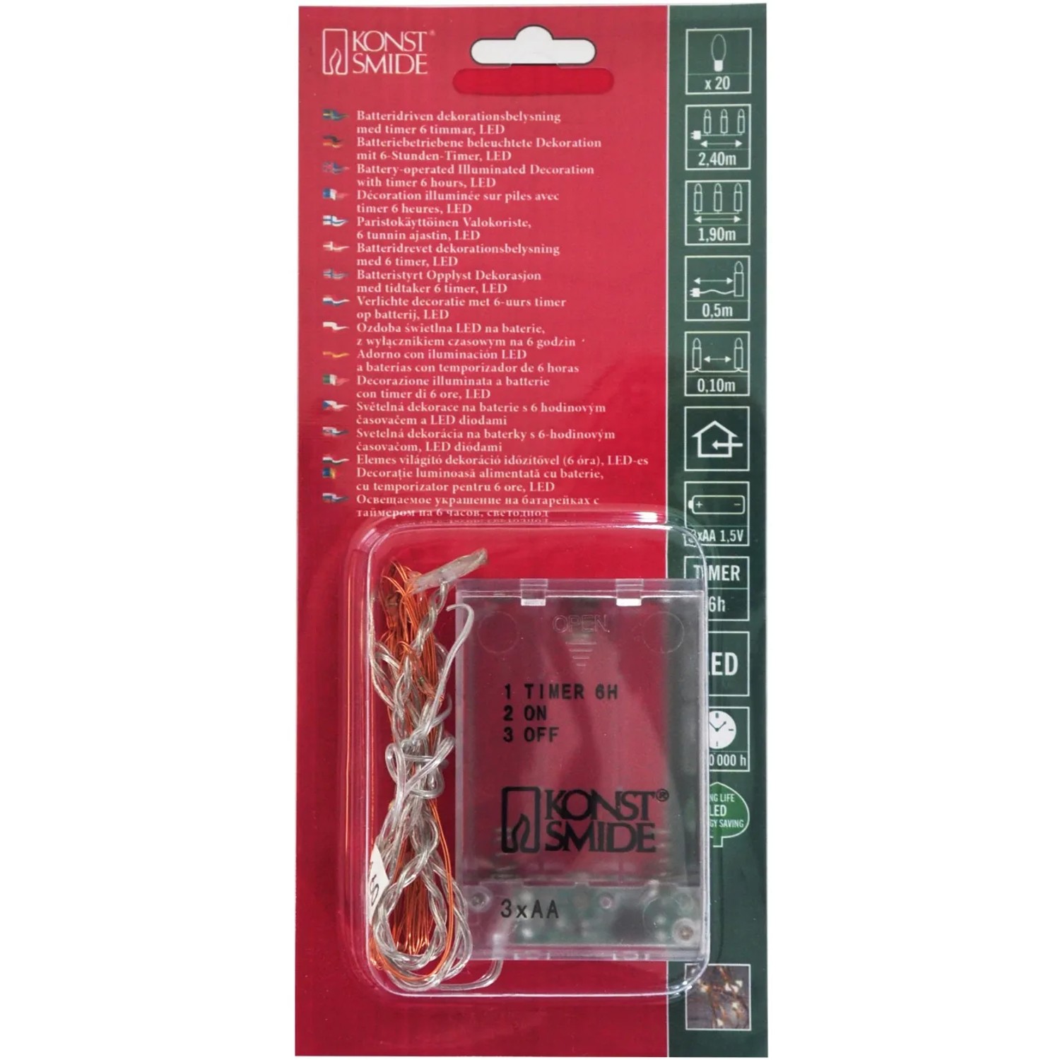 Konstsmide Micro Lichterkette mit 20 warmweißen LEDs und kupferfarbenem Draht für den Innenbereich.