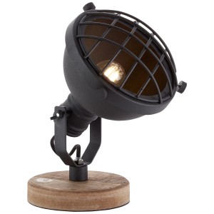 Schwarze Brilliant Tischleuchte Mila im Industrial-Look mit Holzfuß. Design-Tischlampe für Innenräume.