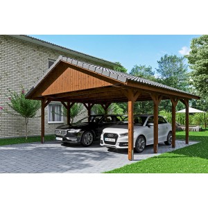 Satteldach-Carport Wallgau Nussbaum für zwei Autos mit Dachlattung.