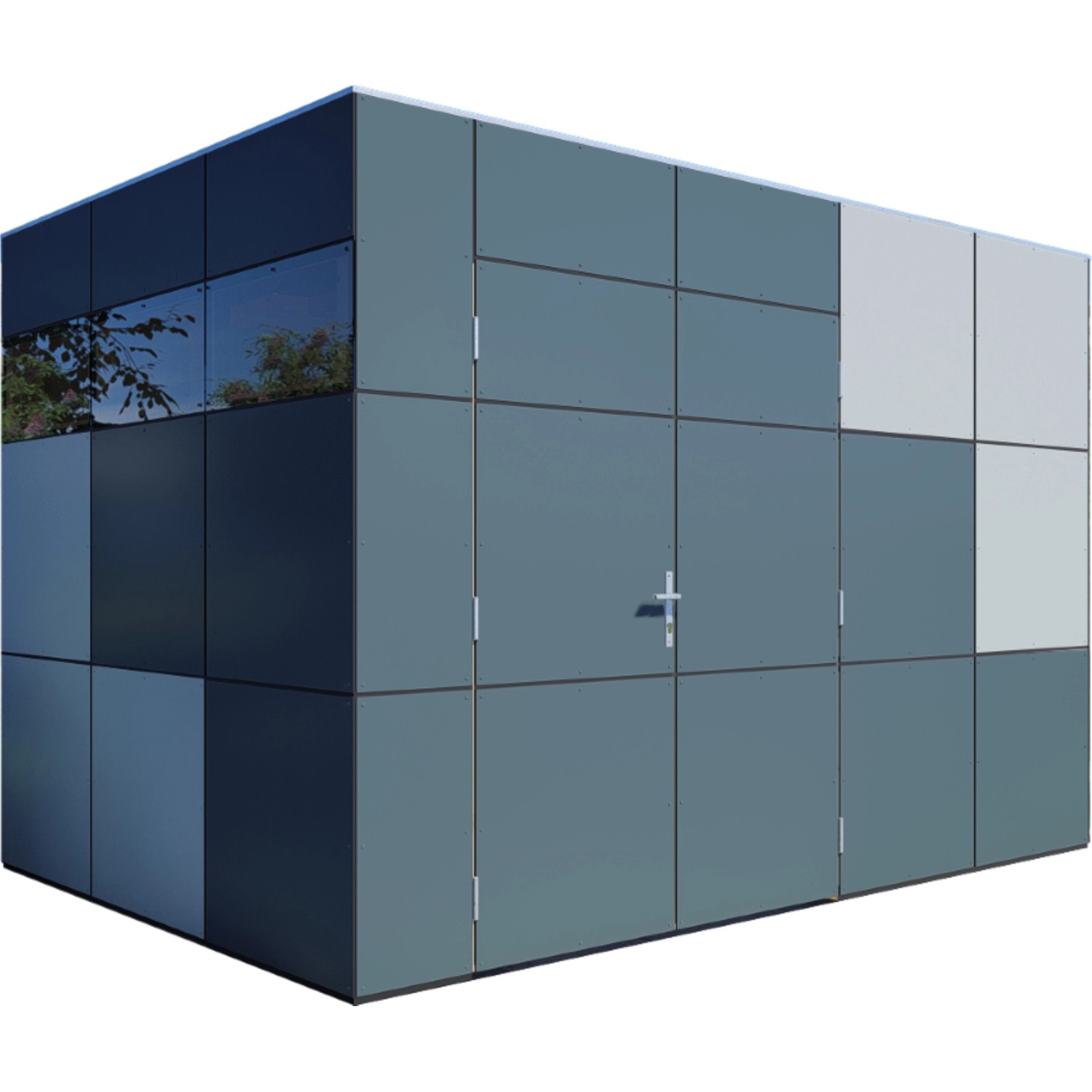 Modernes Bertilo Gartenhaus HPL 2 in Anthrazit-Grau, Holz-Gartenhaus mit Flachdach und Doppeltür.