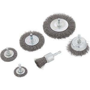 LUX Stahlbürsten-Set, 6-teilig für Bohrmaschinen: Scheiben-, Topf- und Pinselkopfbürste zum Entrosten.