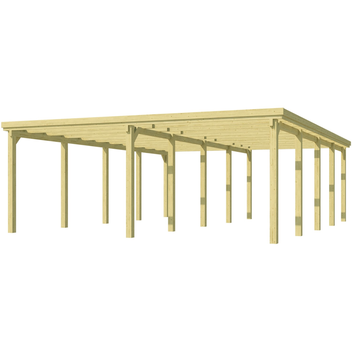 Weka Doppelcarport aus Holz, Flachdach, 603x612 cm, ohne Dachplatten. Stabile Konstruktion mit Pfosten.