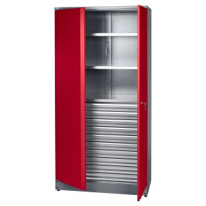 Küpper Materialschrank, dunkelrot, mit 2 Türen, 10 Schubladen und 3 Einlegeböden.