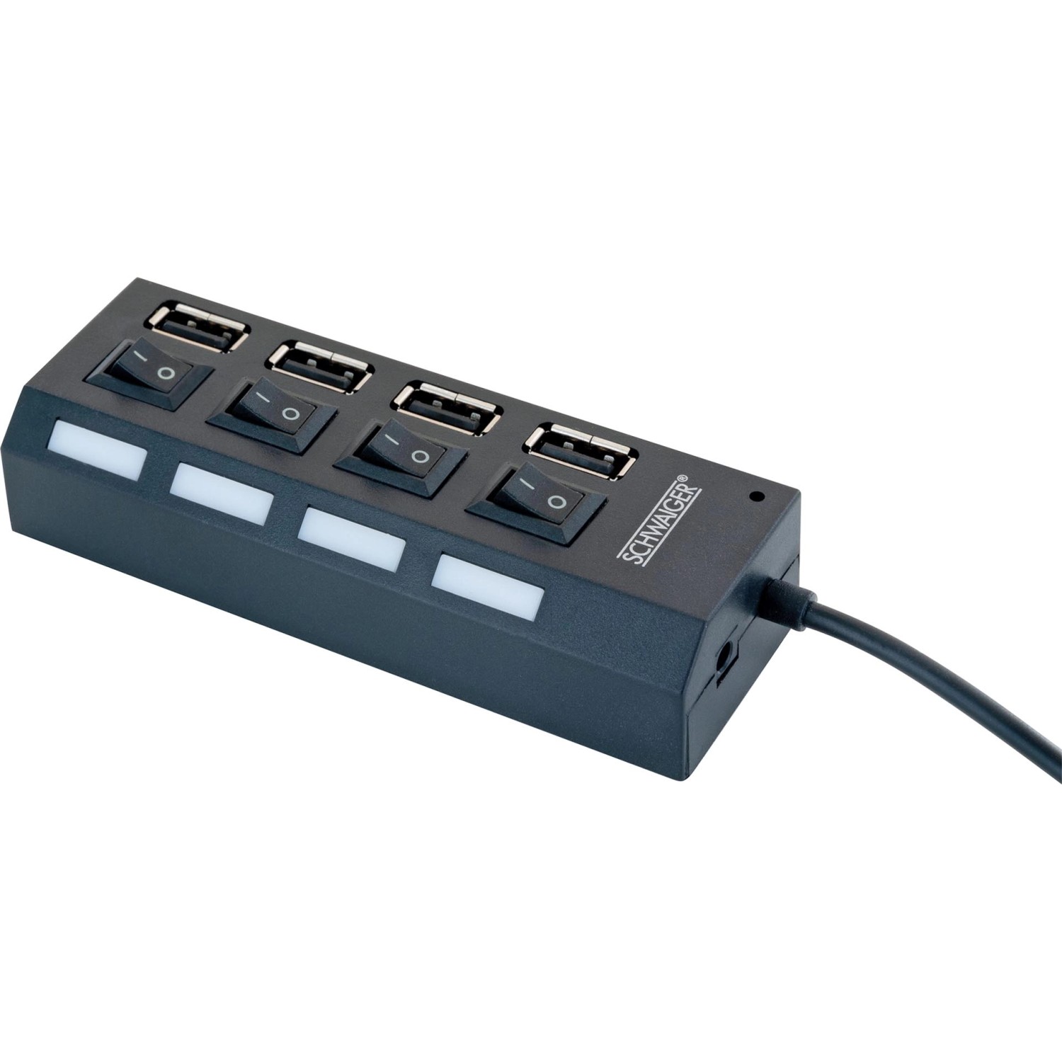 Schwaiger USB 2.0 Hub, 4-fach, schwarz, mit Schaltern und LEDs zur Statusanzeige.