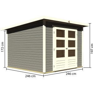 Karibu Holz-Gartenhaus Sitten 4, terragrau, mit Doppeltür und Fenster. Gartenhaus mit Maßangaben.