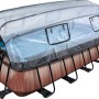 Rechteckiger EXIT Wood Pool 540x250x100cm in Braun mit Abdeckung und Sandfilterpumpe.