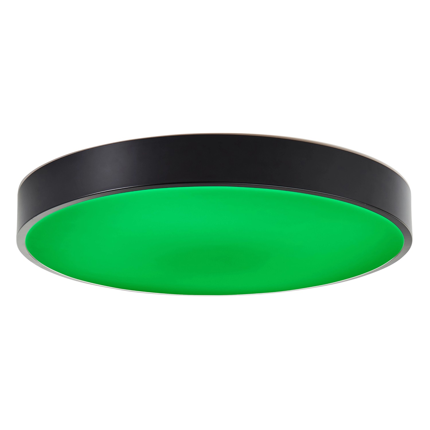 Smarte LED Deckenleuchte Vadin, schwarz/weiß, Ø 49cm mit grüner Beleuchtung.