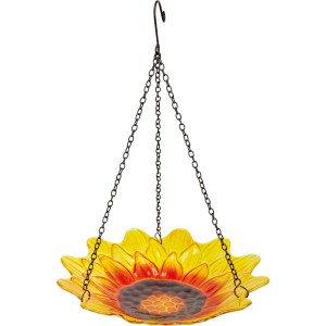 Hängende gelbe Vogeltränke aus Glas im Blumendesign, Ø 27 cm, für Gartendekoration.