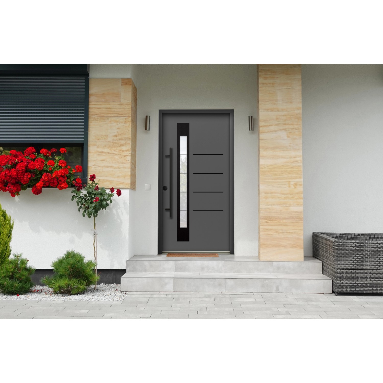 Moderne, anthrazitfarbene Splendoor Sicherheits-Haustür Berlin Prime RC2 mit Glaseinsatz und Edelstahlgriff.