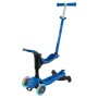 Blaues Globber Go-Up Sporty Lights 3in1 Kinderfahrzeug als Aufsitzrad mit Schubstange und LED-Rollen.