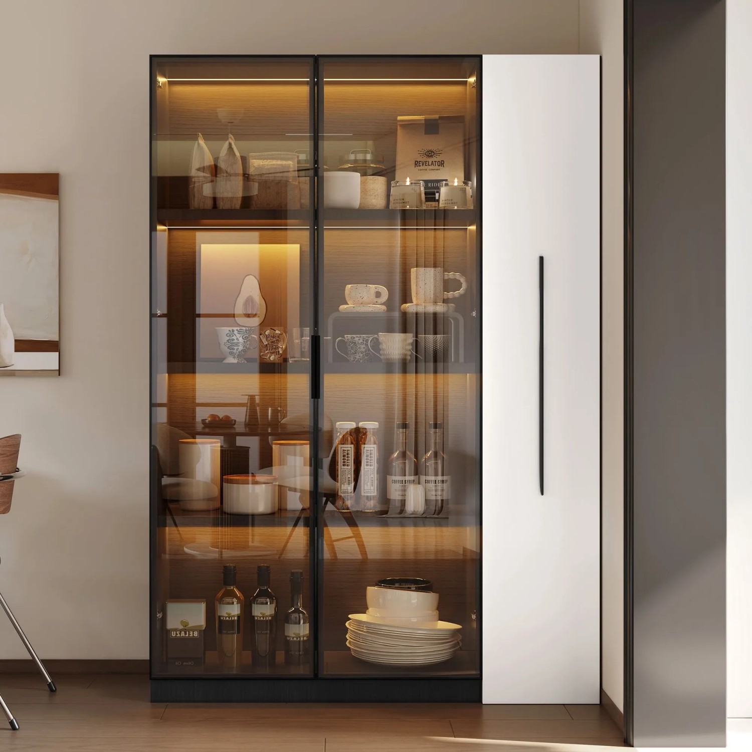 okwish Vitrine mit LED Glastür Rollschrank Esszimmer 110x35x160cm Weiß Schwarz_3