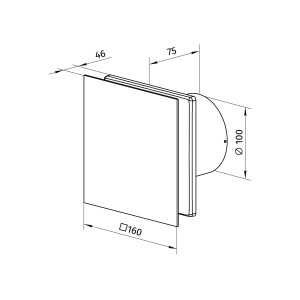 Technische Zeichnung Badventilator System Ø 100 mit Glasabdeckung, Maße in mm.