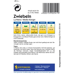 Kiepenkerl Zwiebeln La Reine, weiße Königin, Samentüte mit Anbauhinweisen.