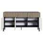 Selsey Sideboard Telire, schwarz/Eiche, mit Lamellenfront, drei offenen Türen und Innenfächern. Modernes Design.