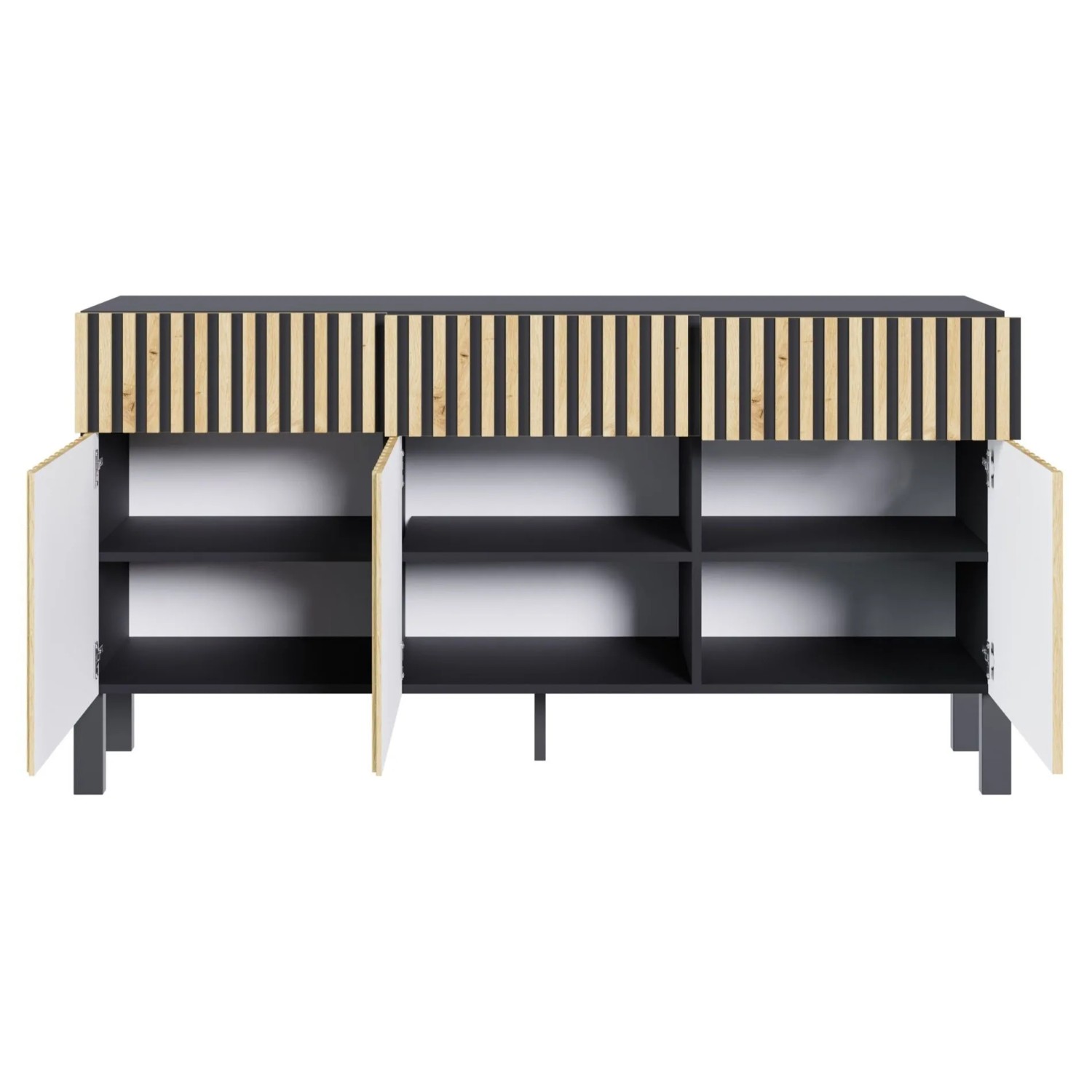 Selsey Sideboard Telire, schwarz/Eiche, mit Lamellenfront, drei offenen Türen und Innenfächern. Modernes Design.