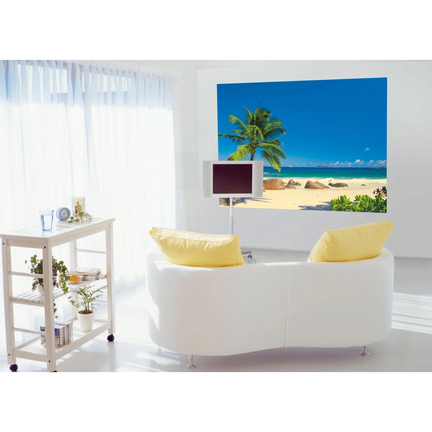 Komar Fototapete Seychellen mit Strandmotiv im Wohnzimmer, 270x194 cm.