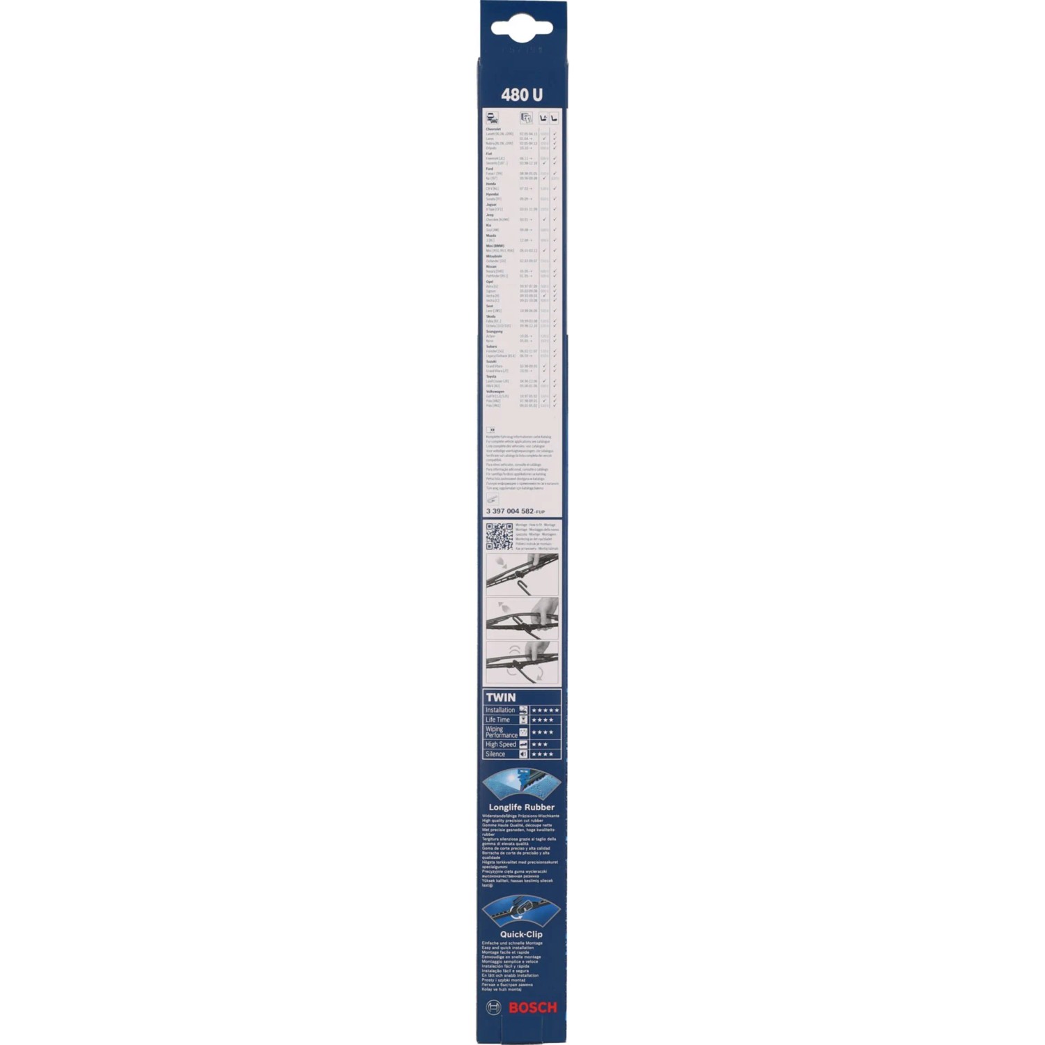 Bosch Scheibenwischer Twin Single 480U im blauen Karton für klare Sicht bei jedem Wetter.