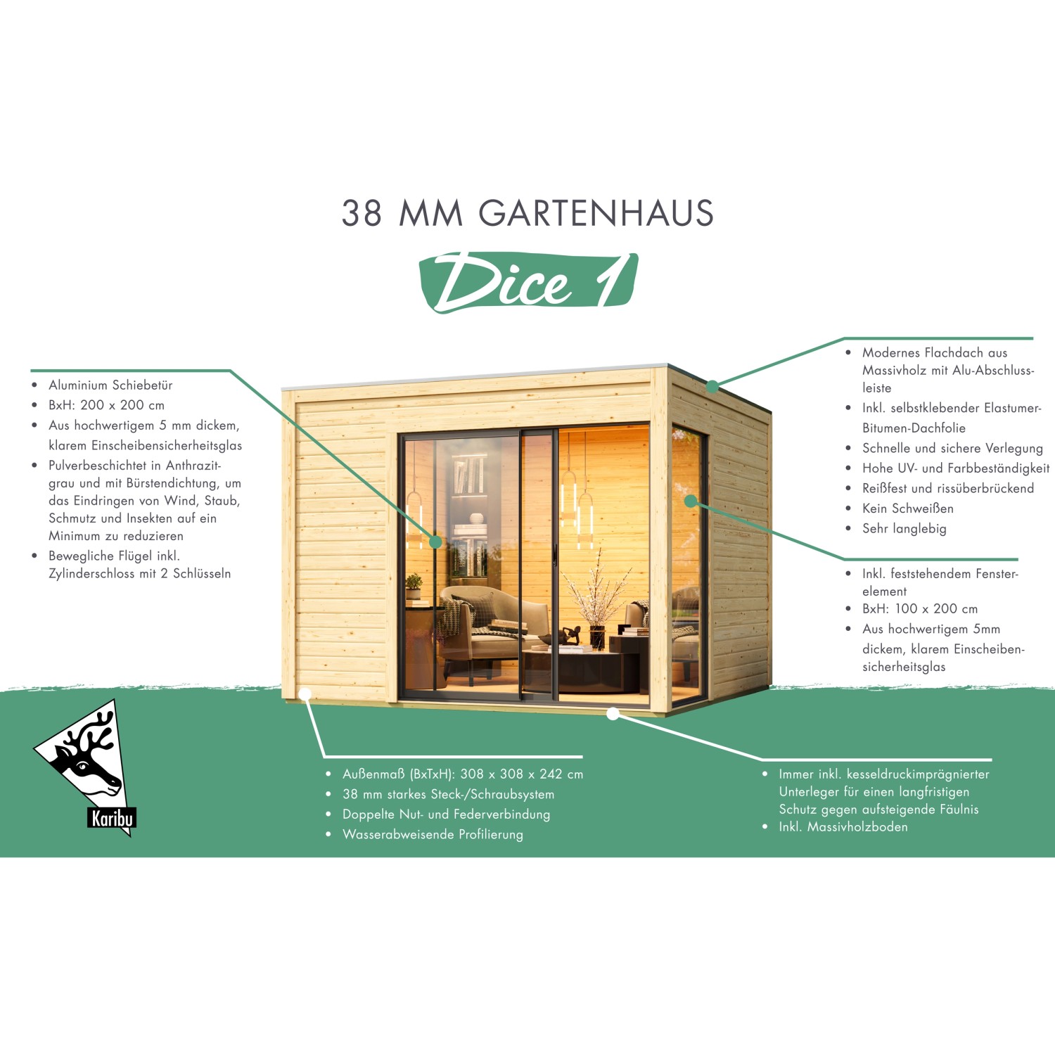 Karibu Gartenhaus Dillen 1, naturbelassen, 38 mm, 9,27 m²: Holzgartenhaus mit Schiebetür.