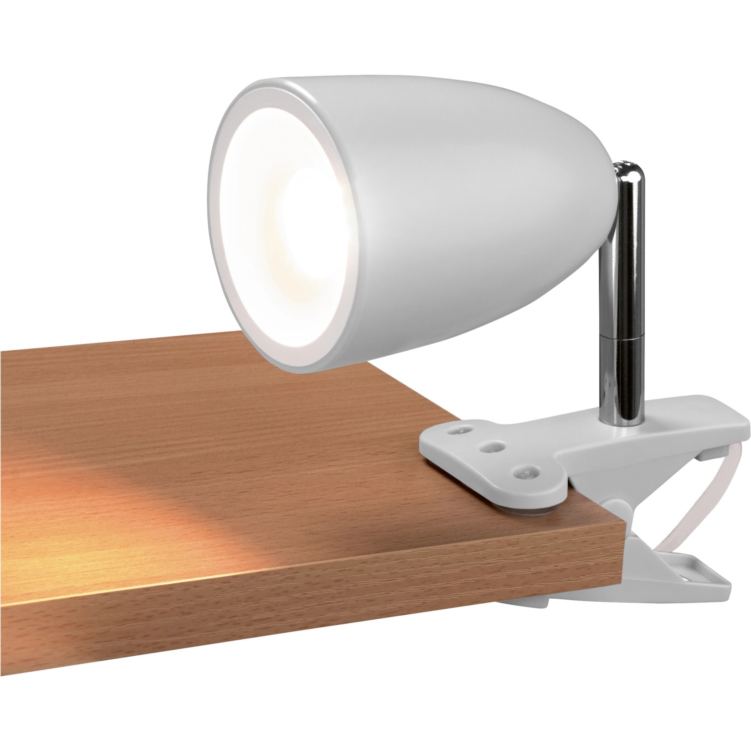 Weiße LED-Klemmleuchte Vidorni mit Chromhals, befestigt an einer Holzplatte.