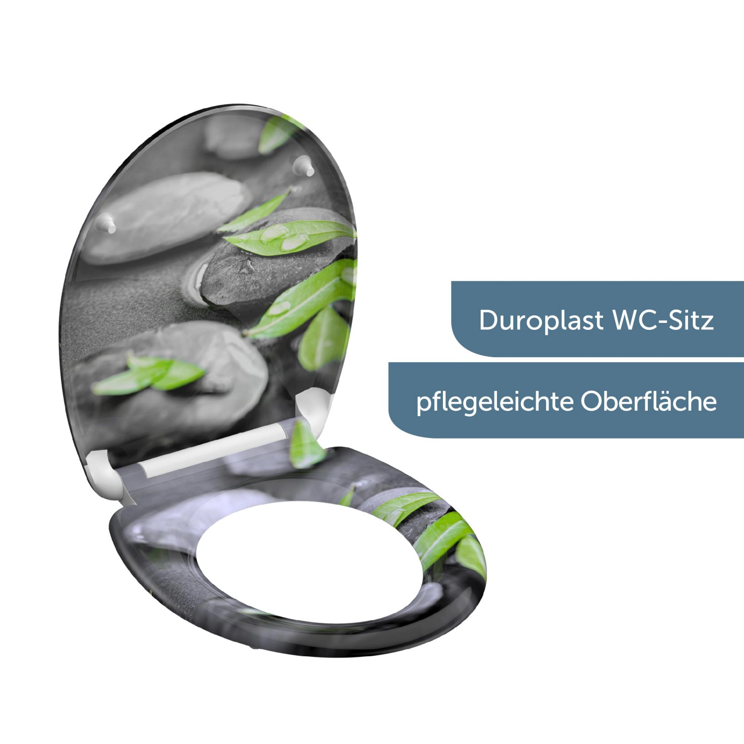 Schütte WC-Sitz Duroplast Stone mit Absenkautomatik und Stein-Blätter-Motiv.