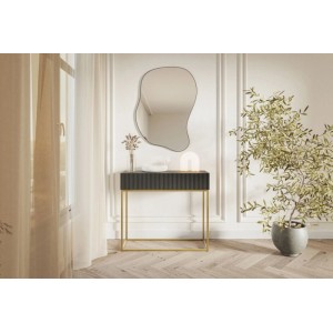 Selsey Veldio Konsolentisch schwarz mit geriffelter Front, goldene Beine, Schublade, im eleganten Flur.
