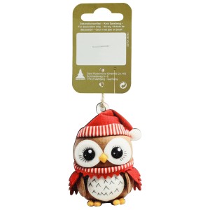 Holz Eule als Weihnachtsdeko Anhänger, braun mit roter Mütze und Schal, 7,5 cm.