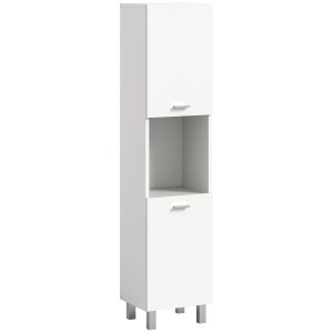 Weißer, schmaler Badschrank, stehend oder hängend montierbar, 30x125x29 cm, mit Tür, offenem Fach und Füßen.