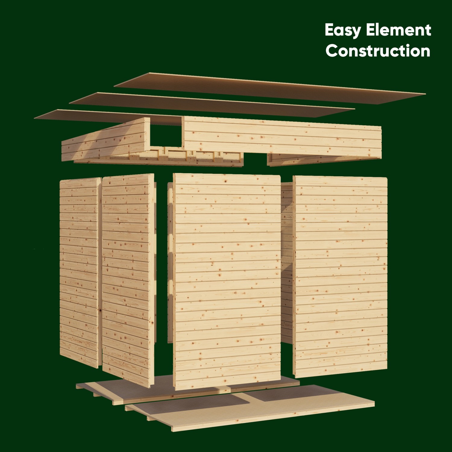 Bertilo Holz-Gartenhaus Alster: Explosionsdarstellung der Elementbauweise mit Holzwänden und Dachelementen.