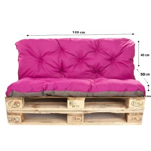 Setgarden Palettenkissen Set in Rosa auf Holzpalette. Bequemes Sitz- & Rückenkissen für Garten & Lounge. 120x50x40cm.