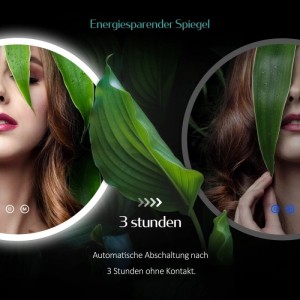 Runder Emke Badspiegel mit LED-Beleuchtung und Touch-Schalter. Zeigt 3-Stunden-Automatikabschaltung zur Energieersparnis.
